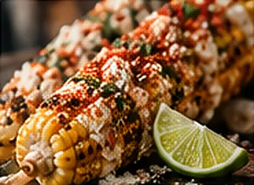 Close-up of a grilled elote with cotija, chili powder, and a lime wedge