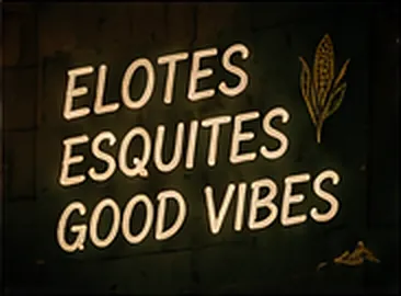 Hand-lettered sign reading Elotes, Esquites, Good Vibes