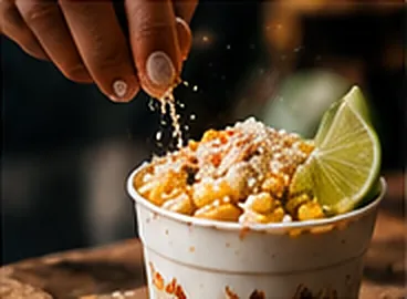 Hand sprinkling cotija cheese over a cup of esquite