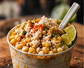 Esquite in a cup with a spoon, chili powder, and lime